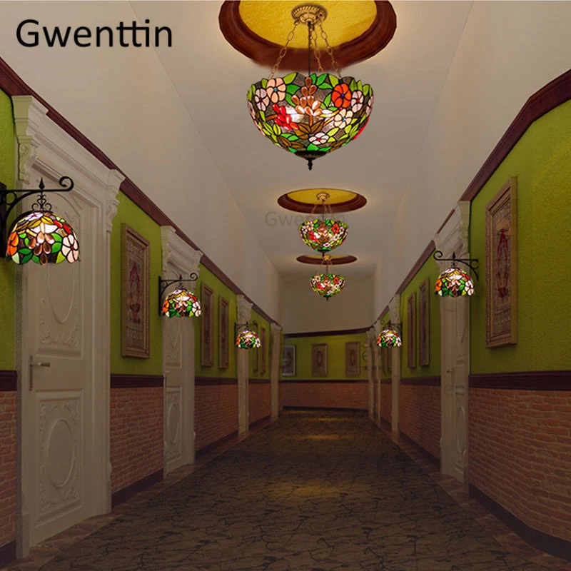 Дешево Средиземноморский витражный подвесной светильник Тиффани, винтажный подвесной светильник для столовой, кухни, светильники, домашний худож...