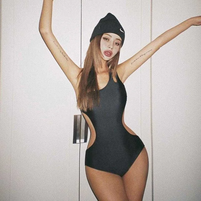 

One Piece Swimsuit Womens Sexy Bikini Fashion Shoulder Pure Color Ribbon Chest