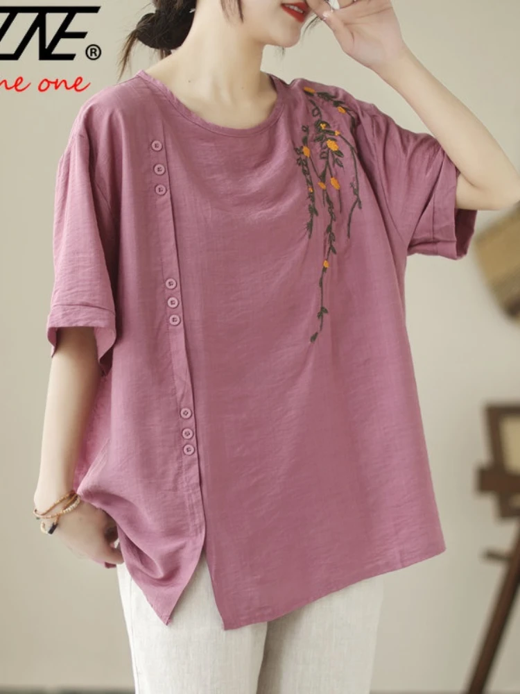 

Women Plus Size Oversized Summer 2023 Blouses Shirts Korean Style Vintage Embroidered Short Sleeve Loose Cotton Linen Top Blusas