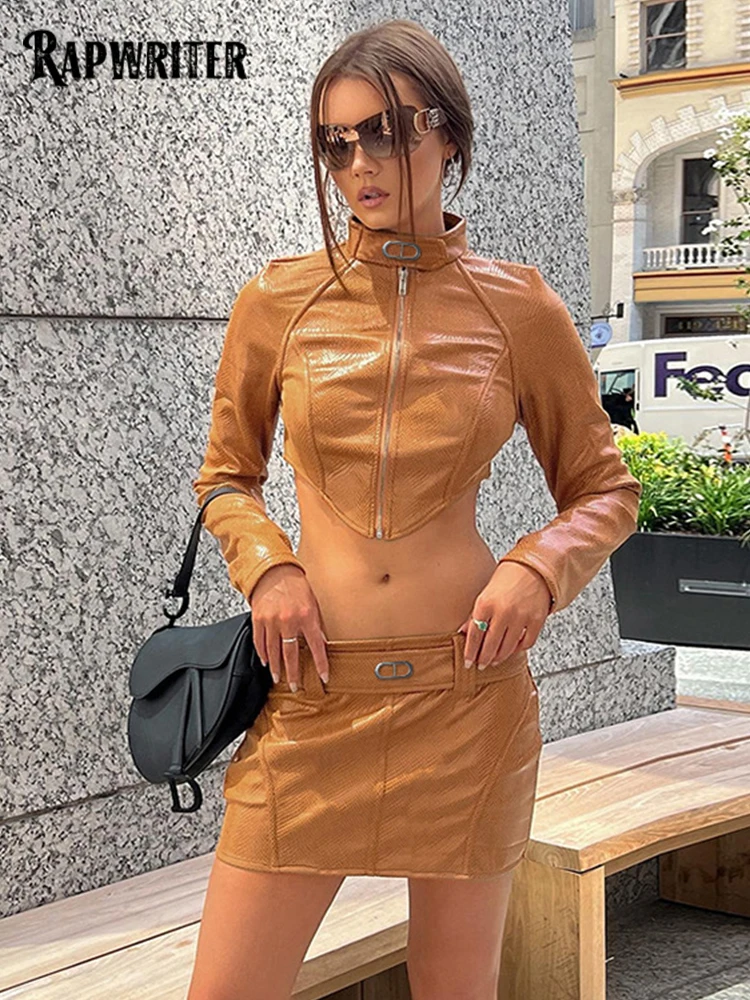 

Rapwriter Fashion Female Two Piece PU Skirts Sets Stand Collar Zip Up Crop Coats+Leather Mini Skirts y2k Streetwear Outfits 90s