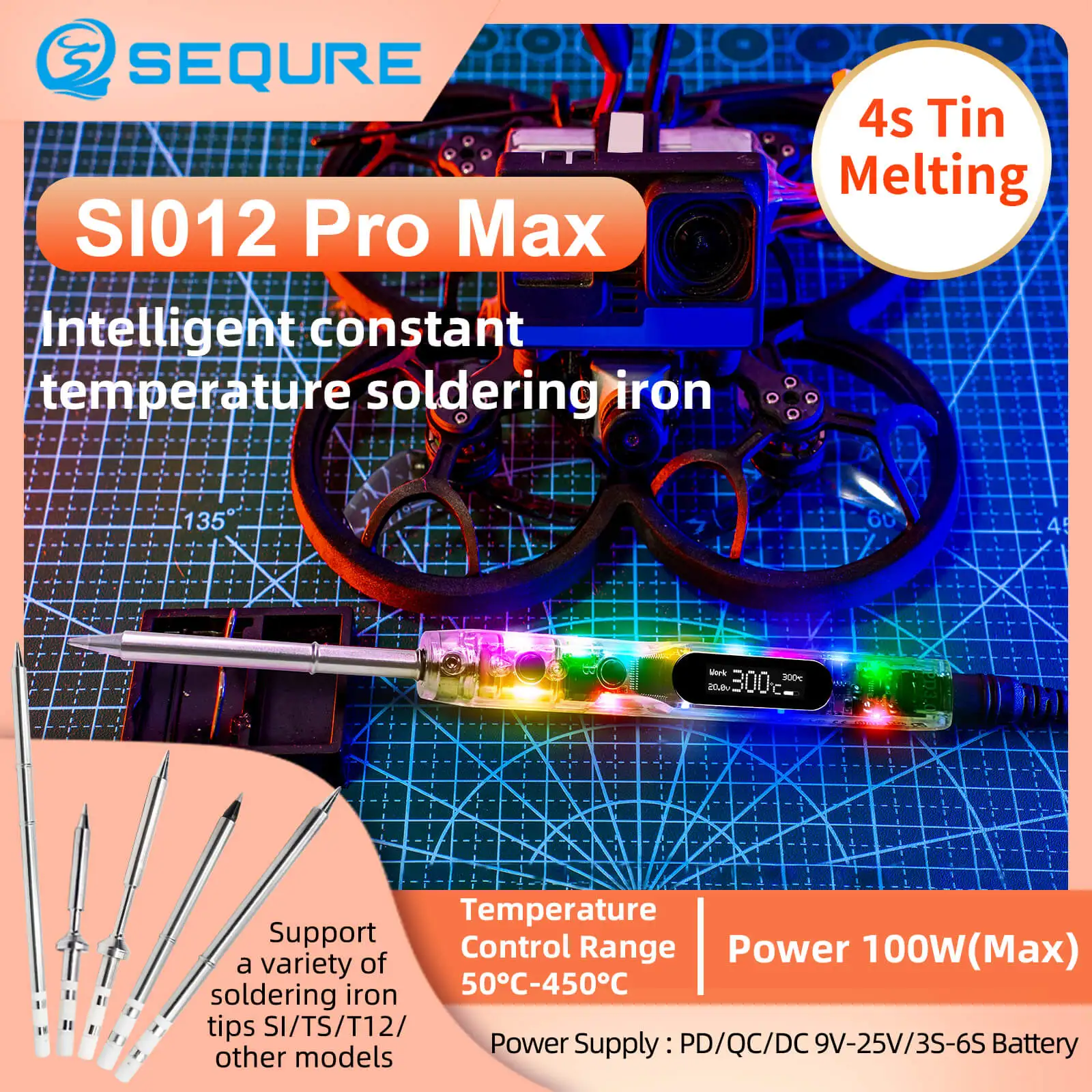 Портативный паяльник Блестящий SI012 Pro Max с искусственной строчкой, английский | Меню на русском языке подходит для T12 | TS | Совет SI поддерживает PD | QC | 3S-6S