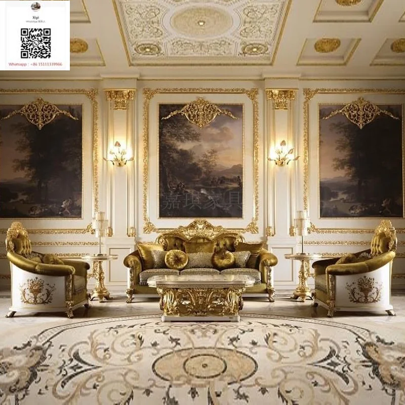High Quality Custom European Luxury Solid Wood Sofa Fabric Carved Gold Foil French Palace Villa Living Room Furniture