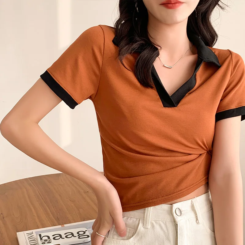 

Cotton Slim Fit Women's T-shirt Summer High Street Top Splicing Short Sleeve 2022 New Tees Fashion Female V-Neck Casual Clothes