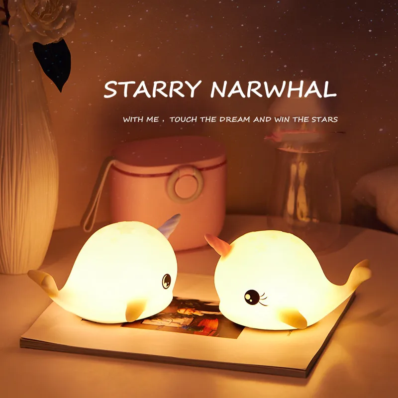 Cute Cartoon Silica gel Dimmable USB Rechargeable Night Lamp Narwhal Baby Kid Bedroom Decor Bedside Gift Molar silicone toy