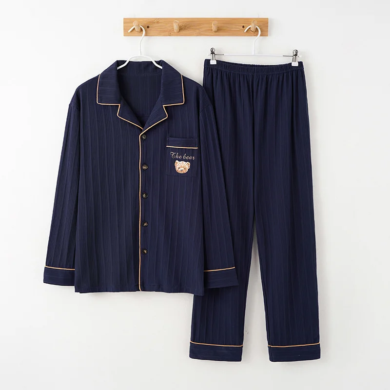 pajamas men's knitted pure cotton spring autumn winter long sleeve pure color casual atmosphere cardigan lapel home clothes