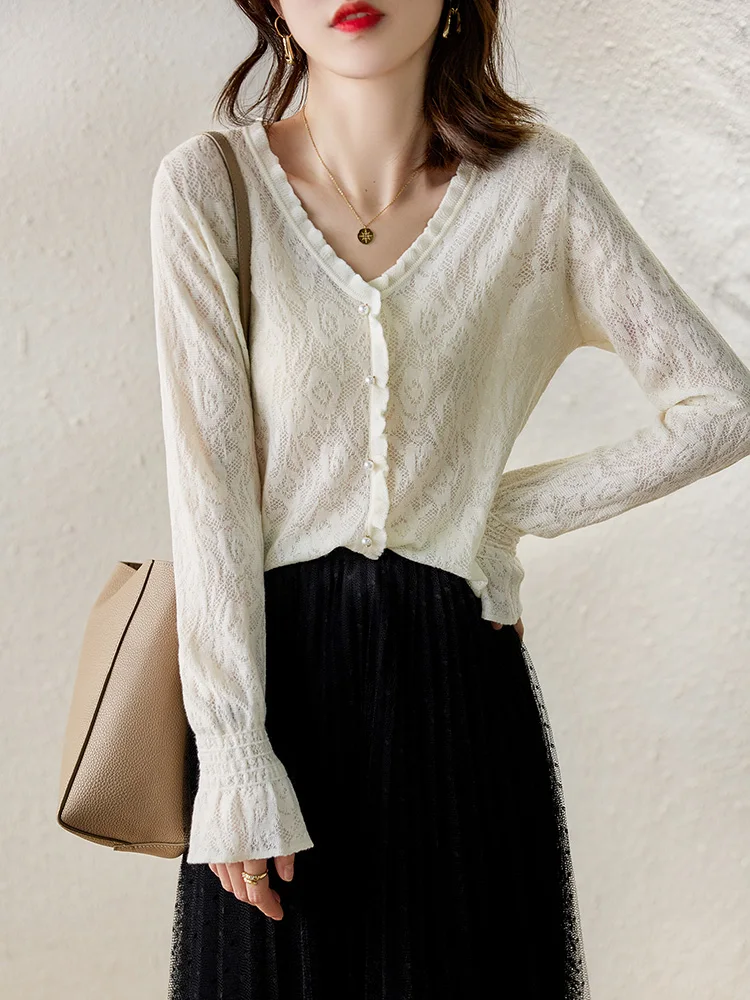 

BETHQUENOY Sping Fall Clothes Women Sueter Vintage Faux Pearl Lace Pullovers Jumper Femme Jacquard Knit Sweater Pullover Woman