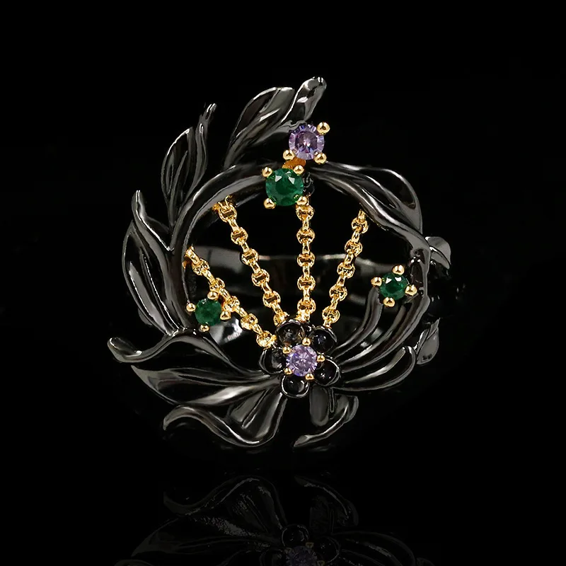 

2022 New Women's Ring Fashion Black Gold Two-tone Women's Coconut Leaf Zircon Ring Wedding Bridal Ring Party Jewelry Wholeasle