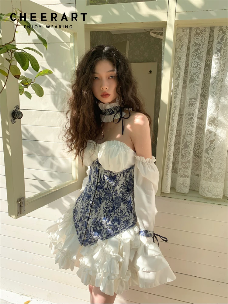 

CHEERART Rococo, винтажное бальное платье из 3 частей, корсет, платье для женщин 2023, элегантное роскошное мини-платье с расклешенными рукавами, оборками и открытой спиной