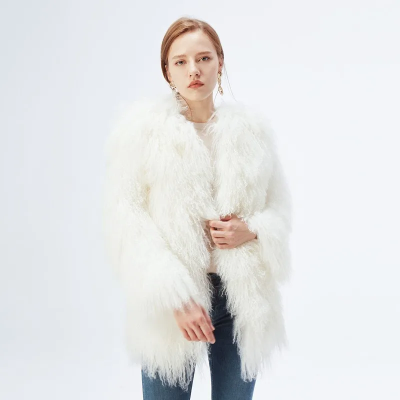 Women's Mongolia Lamb Fur Coat Tibet Sheep Fur Overcoat Lady Short Warm Sheep Skin Jacket Sheep Fur Real Fur Mid-length Outwear