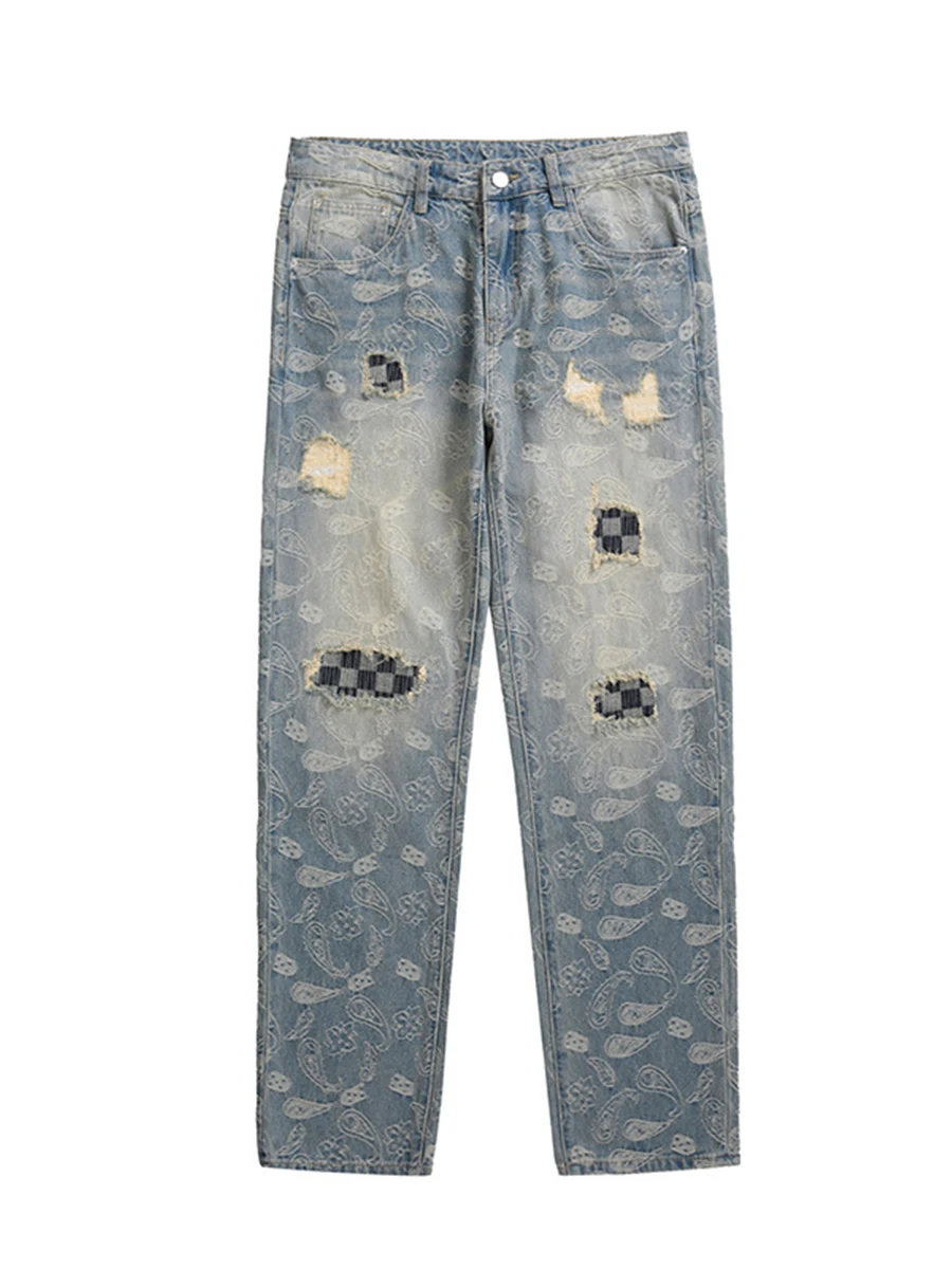Brand Ripped Cashew Print Alphabet Patchwork Jeans Men's Loose Straight Wide Leg Pants Streetwear Denim Baggy Ripped Jeans Mens