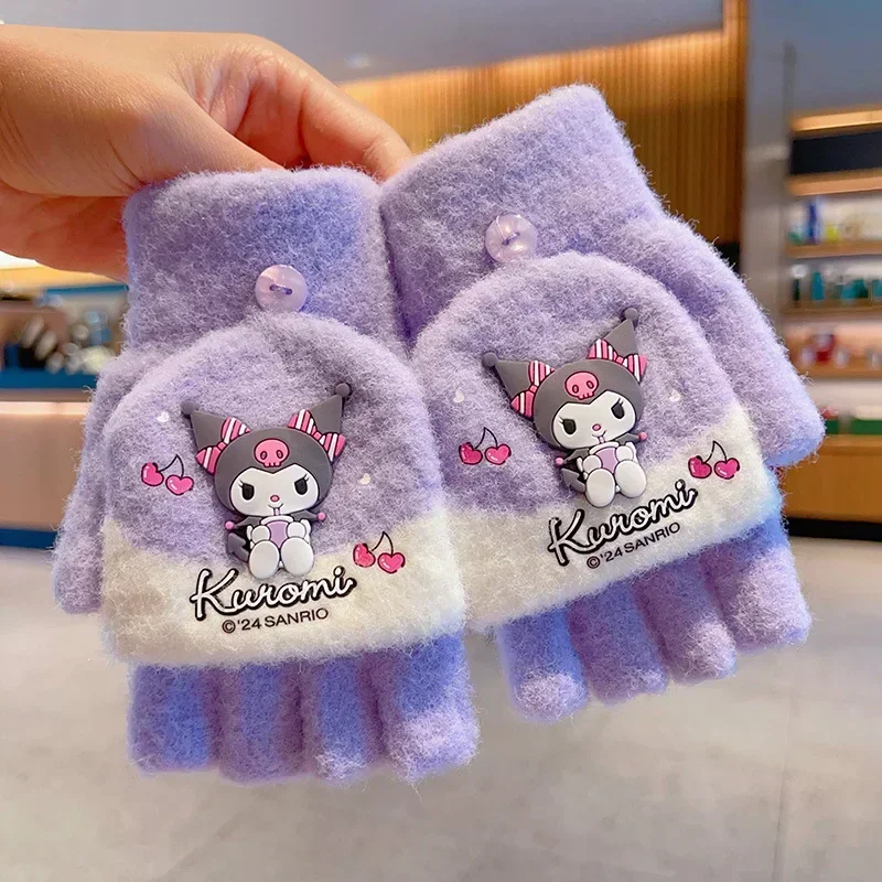 Kawaii перчатки с героями мультфильмов Kuromi Melody Cinnamoroll 6-12 лет зимние плюшевые