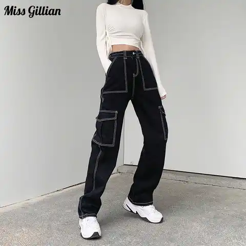 Vintage Cargo Pants Women High Street Fashion Wide Leg Baggy Jeans Casual Sweatpants Fashion Cool Black Pocket Denim Trouser
