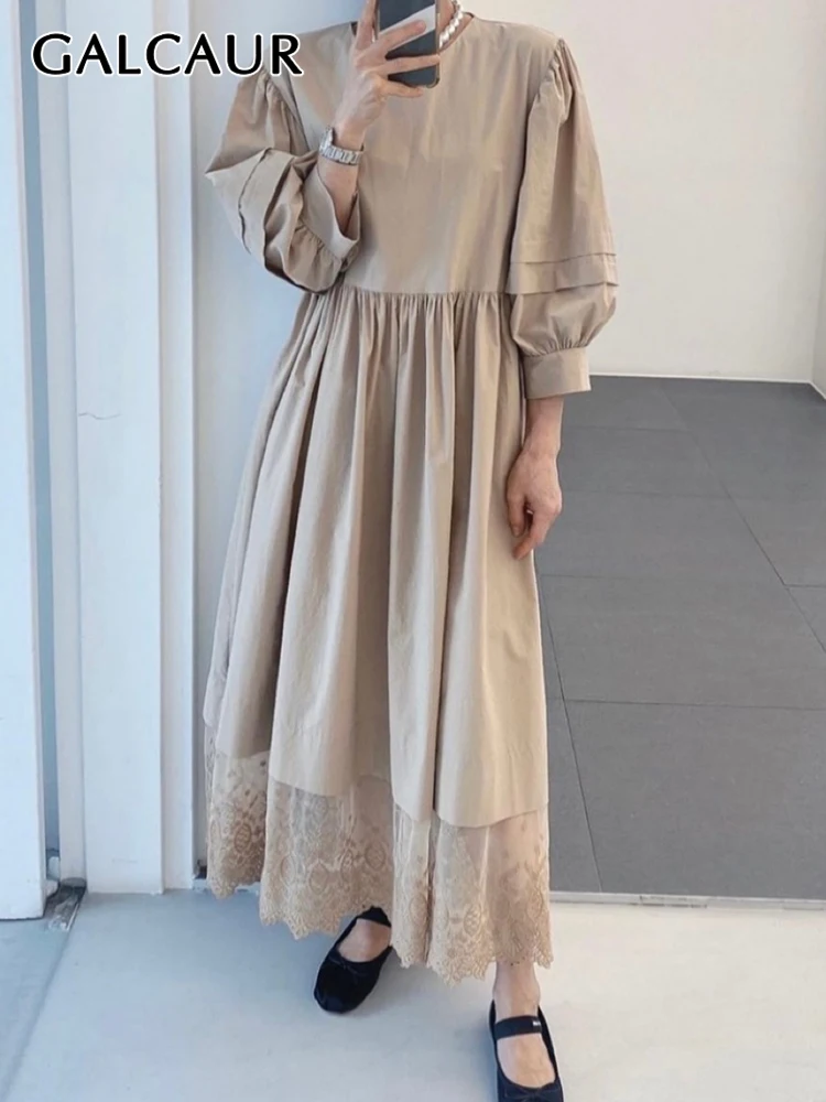 

GALCAUR Patchwork Lace Dress For Women Round Neck Three Quarter Sleeve Elegant Solid Midi Dresses Female Spring Fashion New 2022