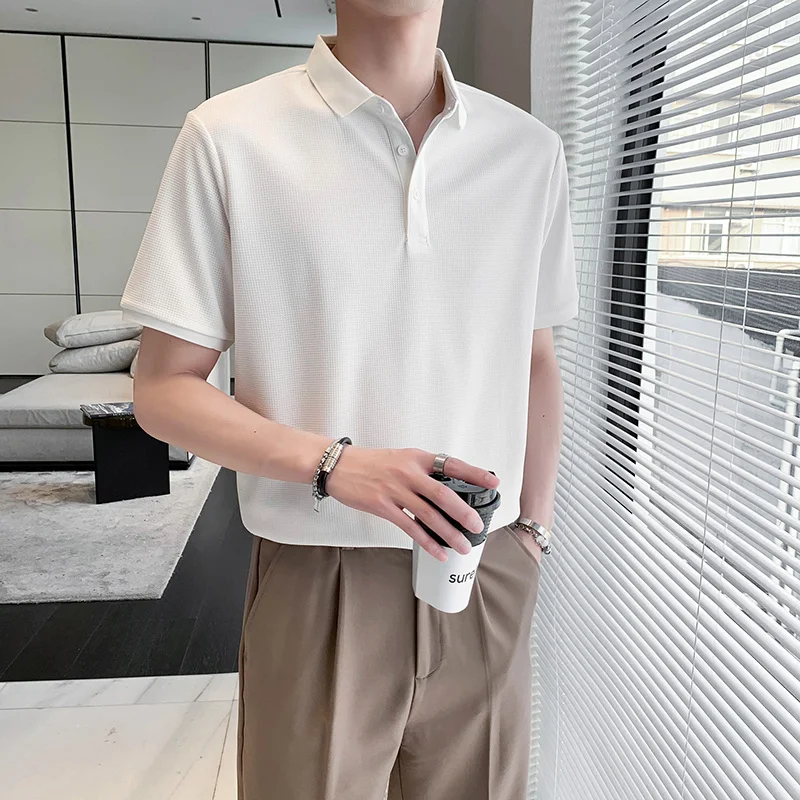 

Summer Short-sleeved T-shirt Men Slim Fashion Casual Lapel T Shirt Men British Style Pullover Tshirt Mens Polo Shirt Solid Color