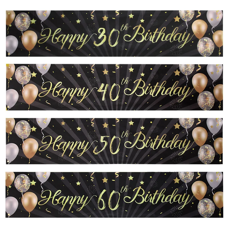 

Black Gold Happy Birthday Banner Balloon Flags 30th 40th 50th 60th Years Old Birthday Party Background Bunting Banner Decoration