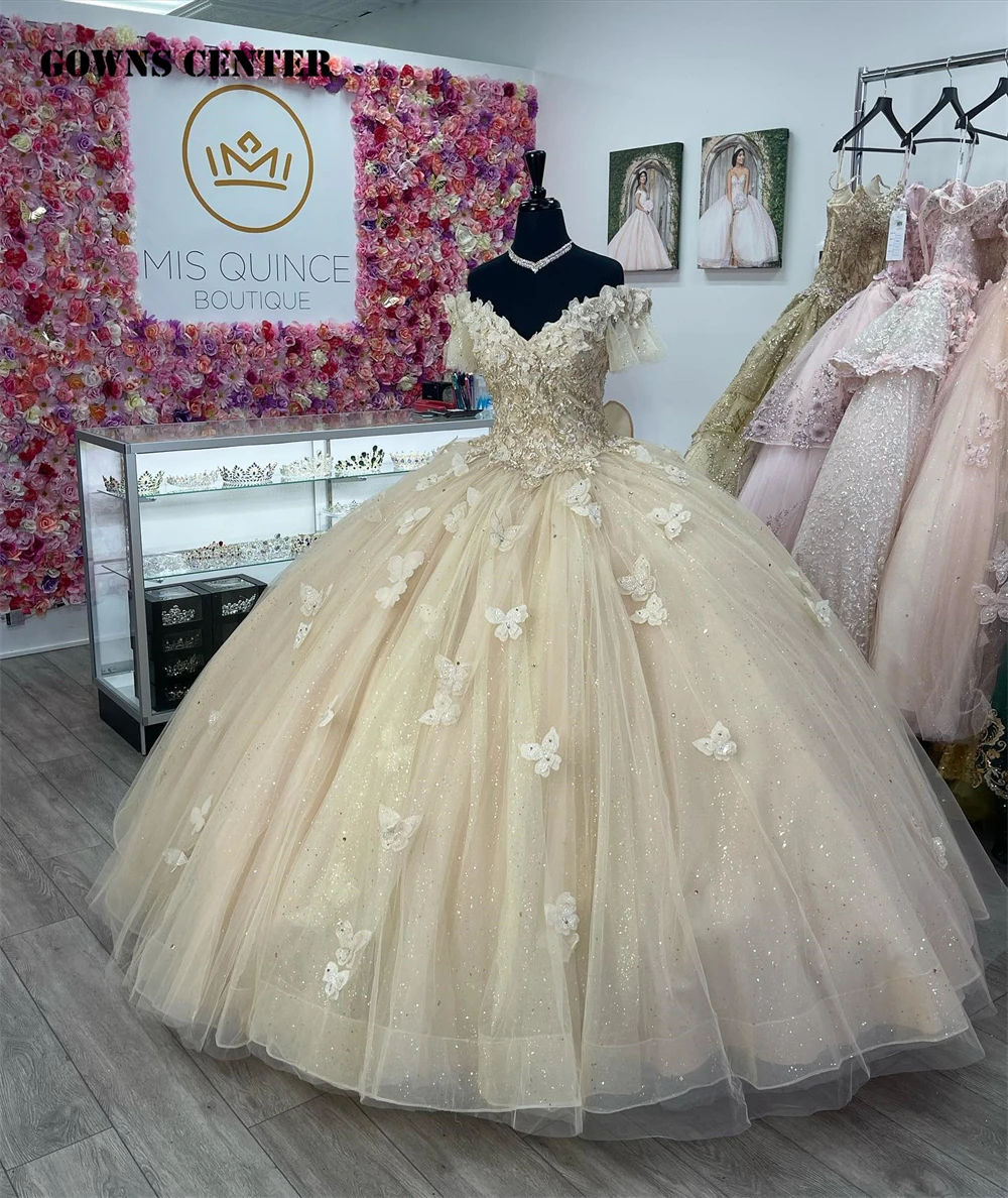 

Champagne Buterflies Beaded Off The Shoulder 15 Dress Quinceanera 2023 Ball Gown Quince Dresses Princess Formal Occasion Gowns