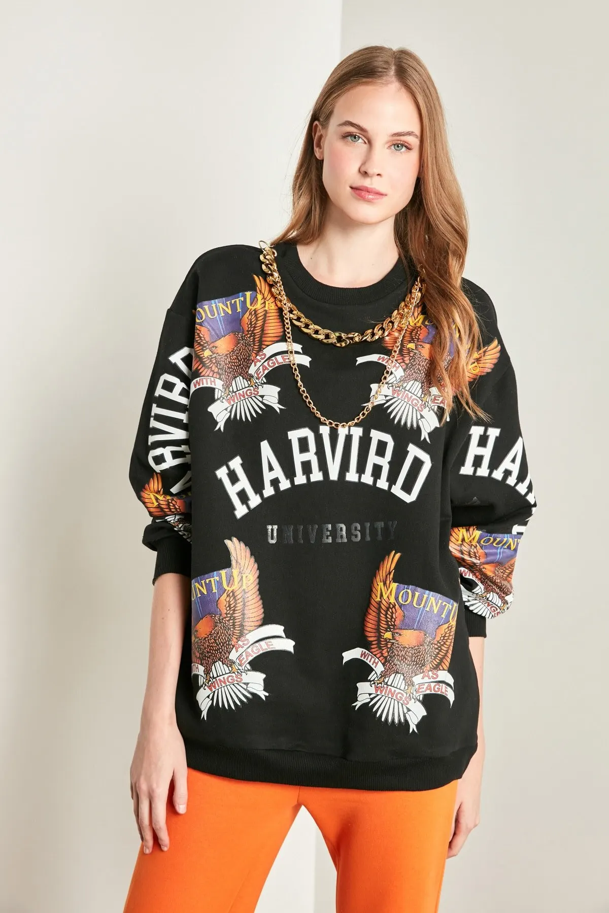 

Women's Sweatshirt Black Color Printed Double Gold Chain Oversize Hoodies Fashion All Season New Pullovers Fleece lovers Fleece