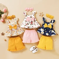 baby girl outfit set girls summer sleeveless print jacketsolid color lace shorts hair band set newborn baby girl clothes