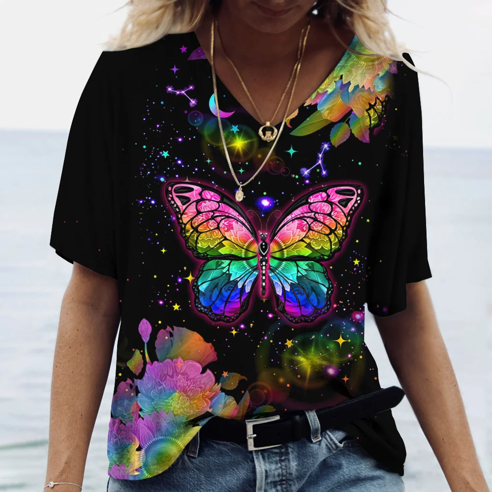 

Beautiful Butterfly 3D Printed Women's Tees V Neck Cotton Casual Short Sleeve Shirt Women's Clothing Oversized Harajuku Tops 5xl