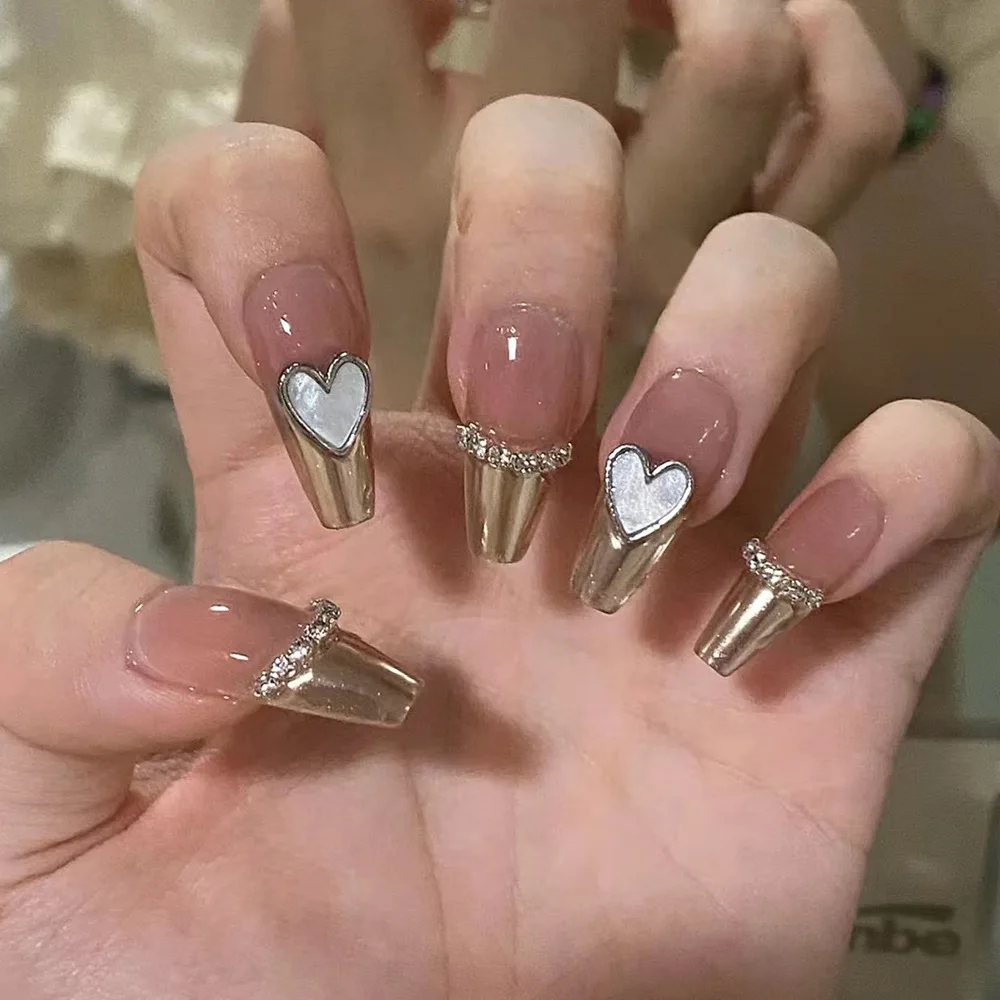 

3D fake nails set press on faux ongles capsule long french coffin tips nude gold diamond heart designs DIY manicure false nail