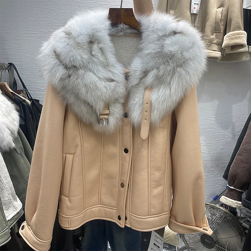 KoHuiJoo Fox Fur Collar Shearling Outerwear Women 2022 Winter Fleece Motorcycle PU Leather Jacket Thick Warm Woman Fur Coat