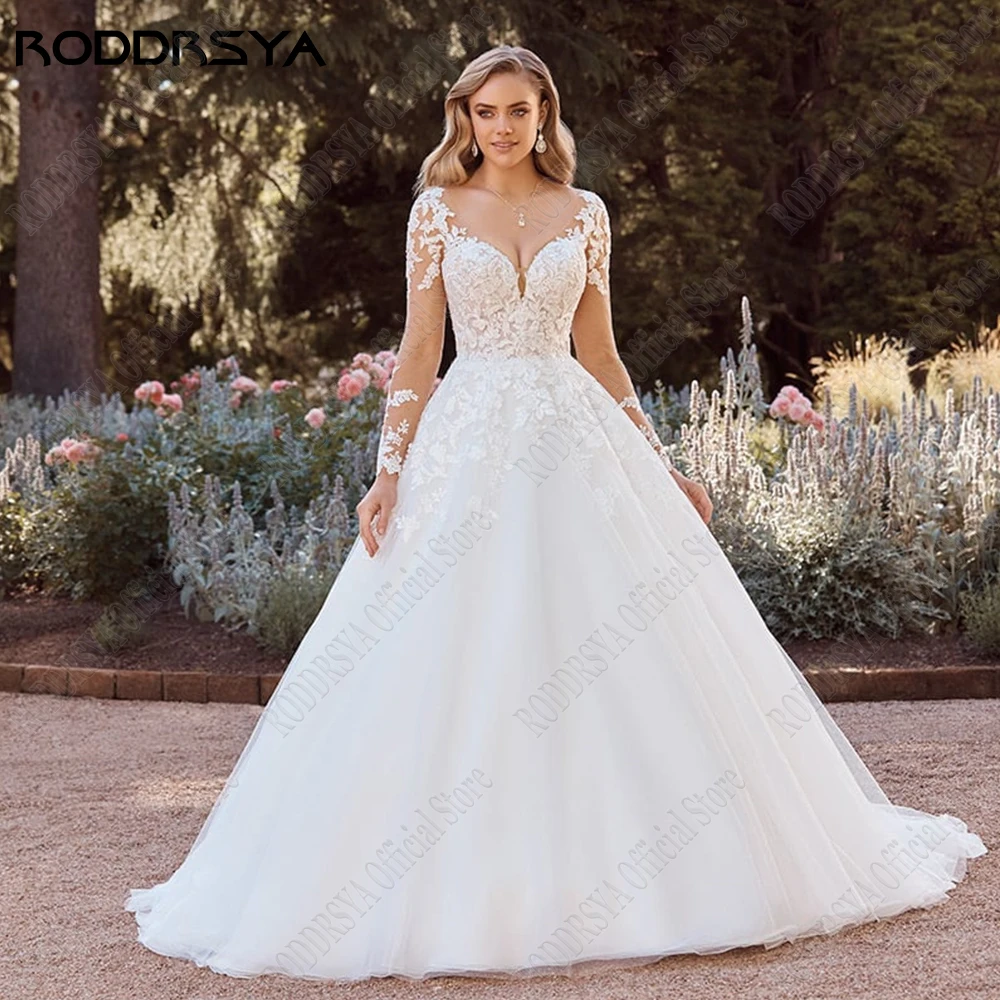 

RODDRSYA Elegant Wedding Dressses New 2023 A-Line Long Sleeves V-Neck Bride Gowns Lace Applique Classic Tulle vestidos de novia