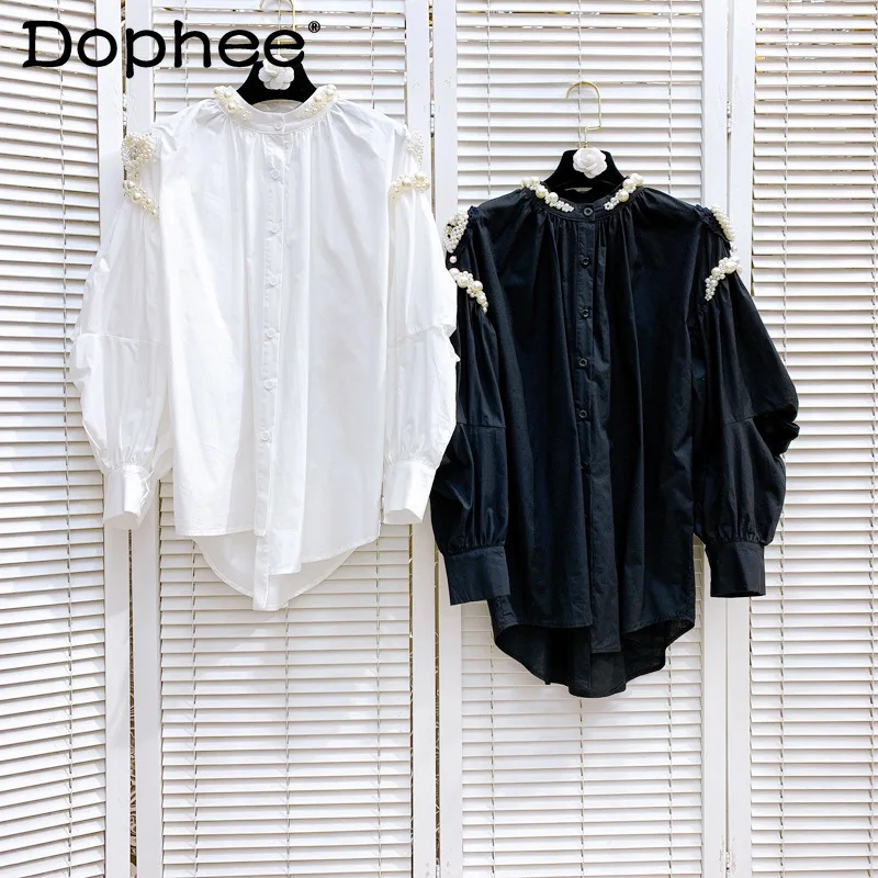 

2022 Spring Autumn New Button Up Shirt Retro Heavy Industry Beads Puff Sleeves White Blouse Top Women Loose Office Ladies Blusas