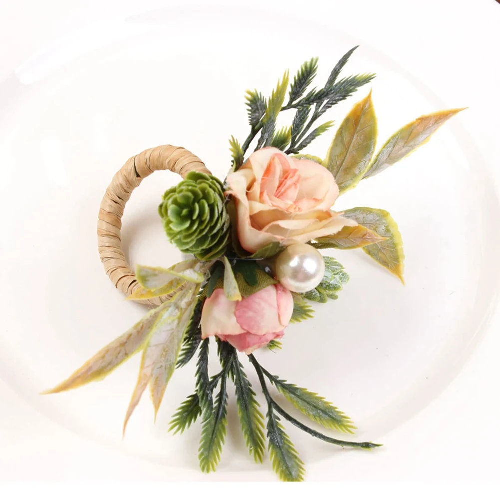 

Double Rose Napkin Rings Set of 4, Pink Flower Napkin Rings with Berries and Green Leaves Handmade Napkin Ring Holders