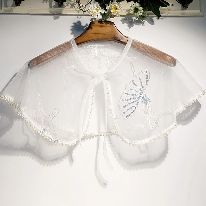 

Women's Spring Summer Pearl Beaded Vintage White Mesh Pashmina Female Summer Sunscreen Shawl Cloak Lace Collar R1441