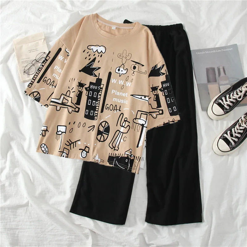 

2022 Summer Short Sleeve Women Tracksuit Two Piece Set Women Cartoon Printed O Neck T shirt And Long Pants Set Casual Pants Suit