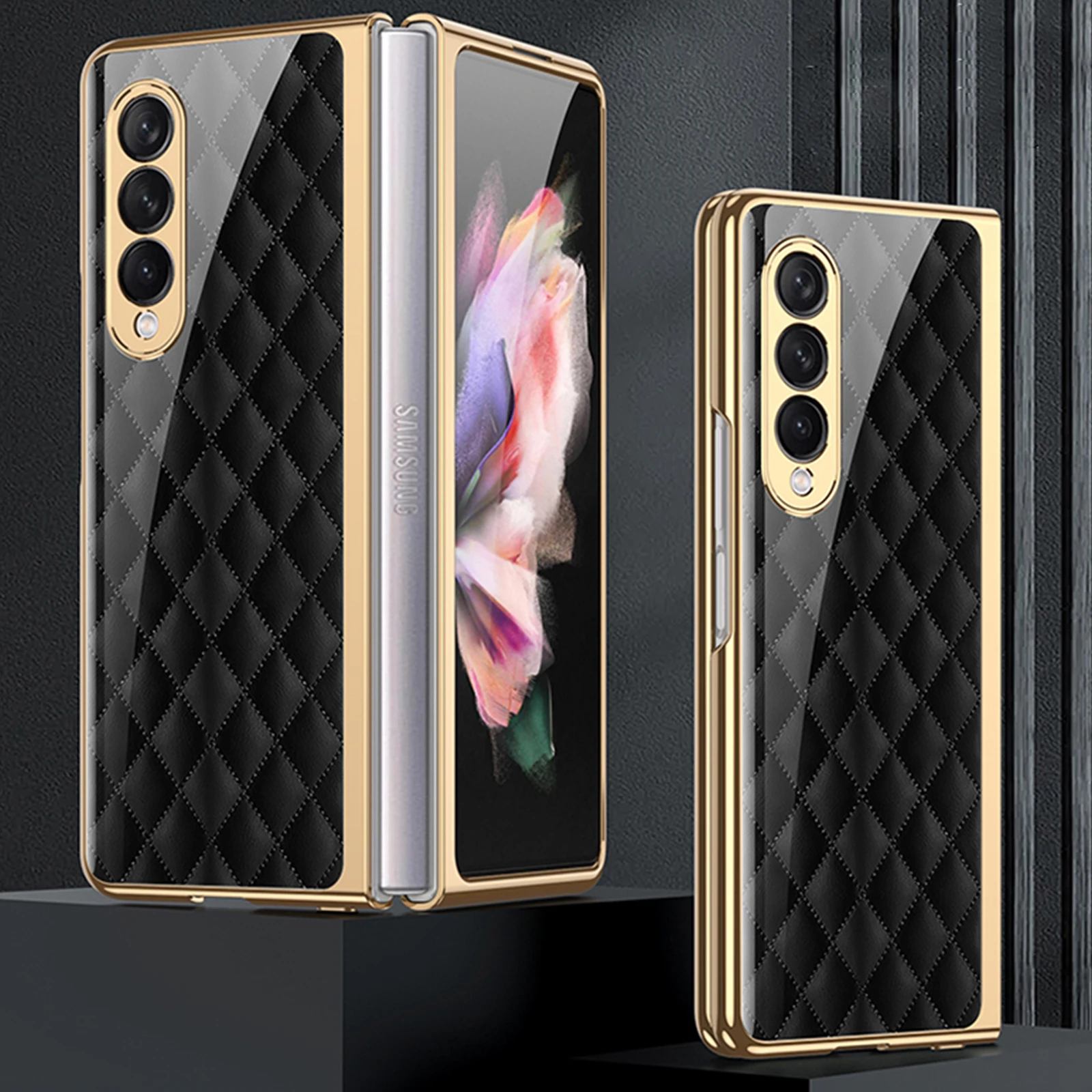 Luxury Plating Case for Samsung Galaxy Z Fold 3 Cover with Front Tempered Glass Crystal Finish Pattern All-Inclusive Fold 3 Case