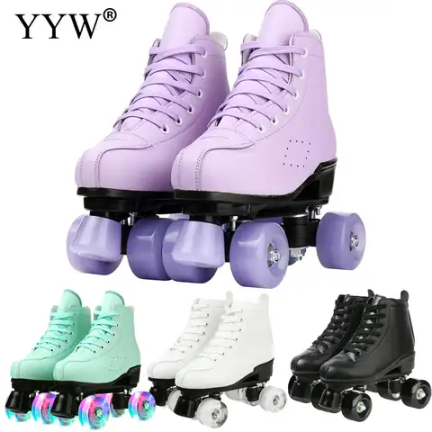 Женские роликовые коньки для девочек 2023, фиолетовые двухрядные 4-колесные коньки, обувь из искусственной кожи с флэш-колесами для раздвижны...