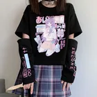 Женские футболки в стиле аниме, женская одежда с готическим принтом, черная футболка MINGLIUSILI в японском стиле, Женский Топ с разрезом на рукавах, 2021