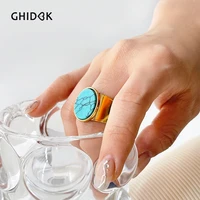 ghidbk stainless steel oval flat turquoise big gold color ring women chunky natural stone wide finger rings jewelry anillos 2022