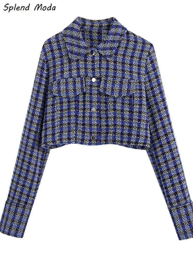 

Splend Moda Spring Autumn New Fashion Street Urban Casual Turn Down Collar Plaid Textured Crop Top Long Sleeve Blazer For Women