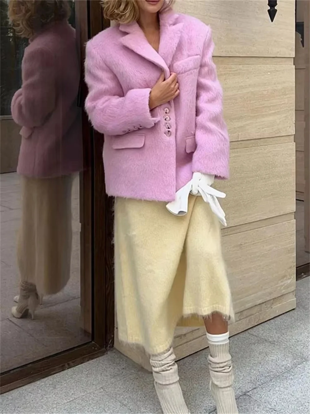 Модный розовый женский пиджак с лацканами и длинными рукавами теплая толстая