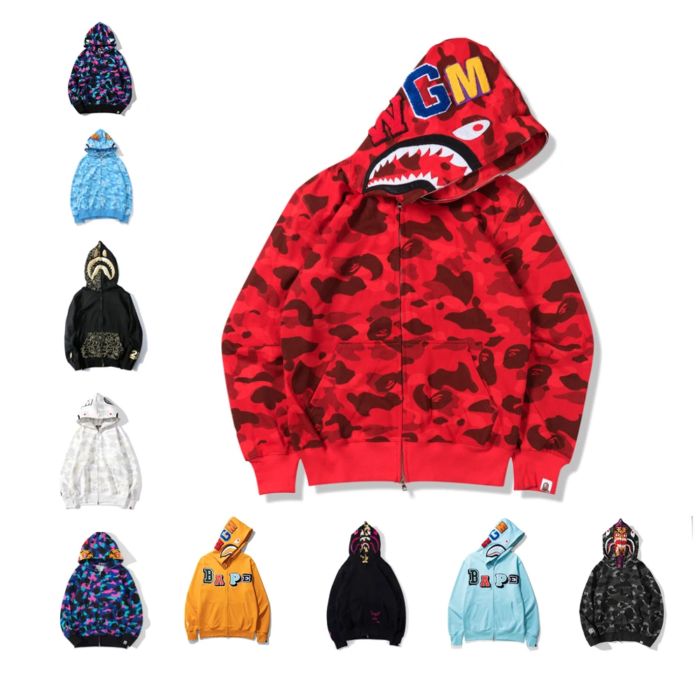 

Японская камуфляжная Толстовка Bape Shark, свитшоты, пальто для пары, толстовки с длинными рукавами, осенне-зимняя бархатная Повседневная Толст...