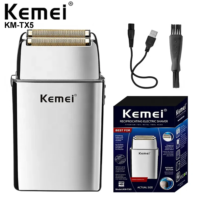 

Kemei Km-TX5 Full Metal Body Silver Electric Shaver for Men USB Chargeable Beard Bald Head Shaving Reciprocating Razor Machine