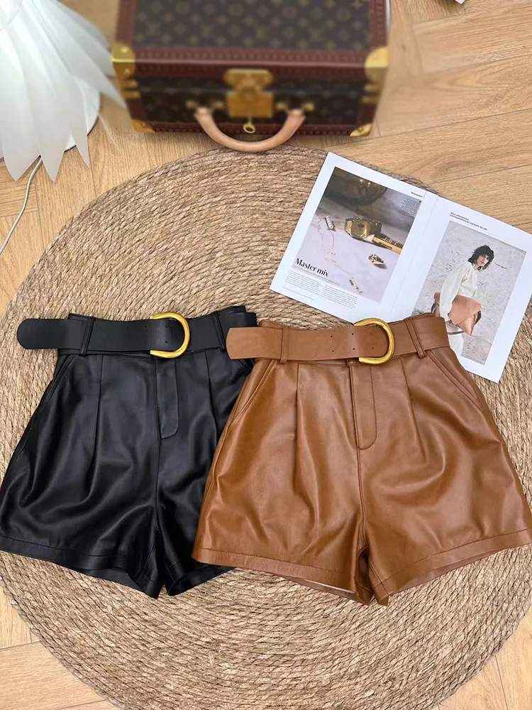 

Genuine Leather Shorts Women High Waist With Belt 2022 New Korean Fashion Mini Short Pants For Women High Quality