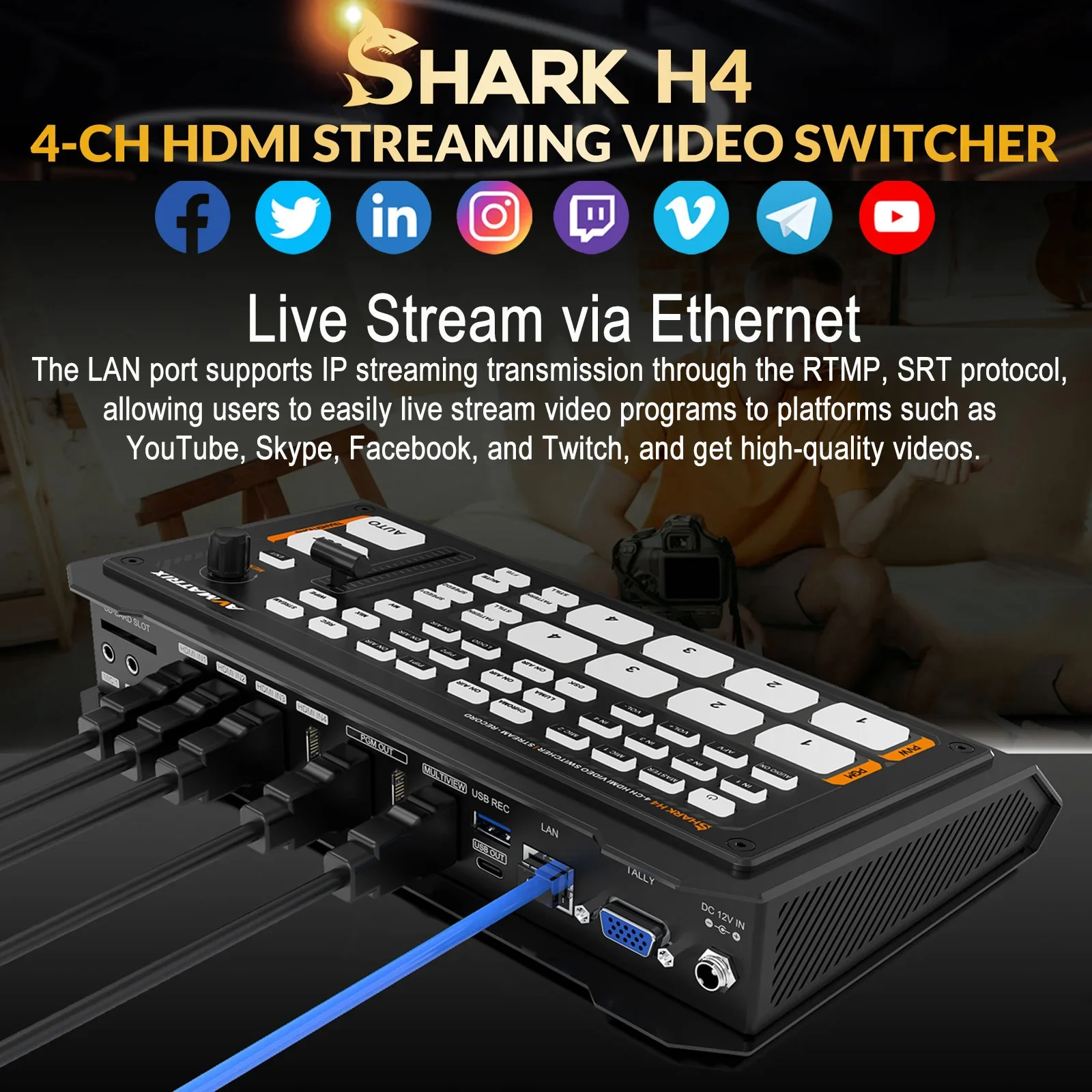 Фото Видеомикшер AVMATRIX SHARK H4 для прямой трансляции с поддержкой нескольких камер, HDMI, RTMP, SRT, записью на USB-накопитель/SD-карту, цельнометаллический корпус №4