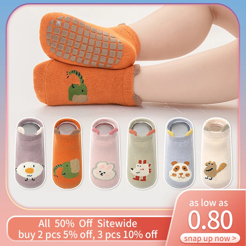 

Cartoon Baby Short Socks Animals Print Toddler Anti-slip Floor Sock Infant Rubber Bottom Socks Soft Cotton Children Sokken Sox