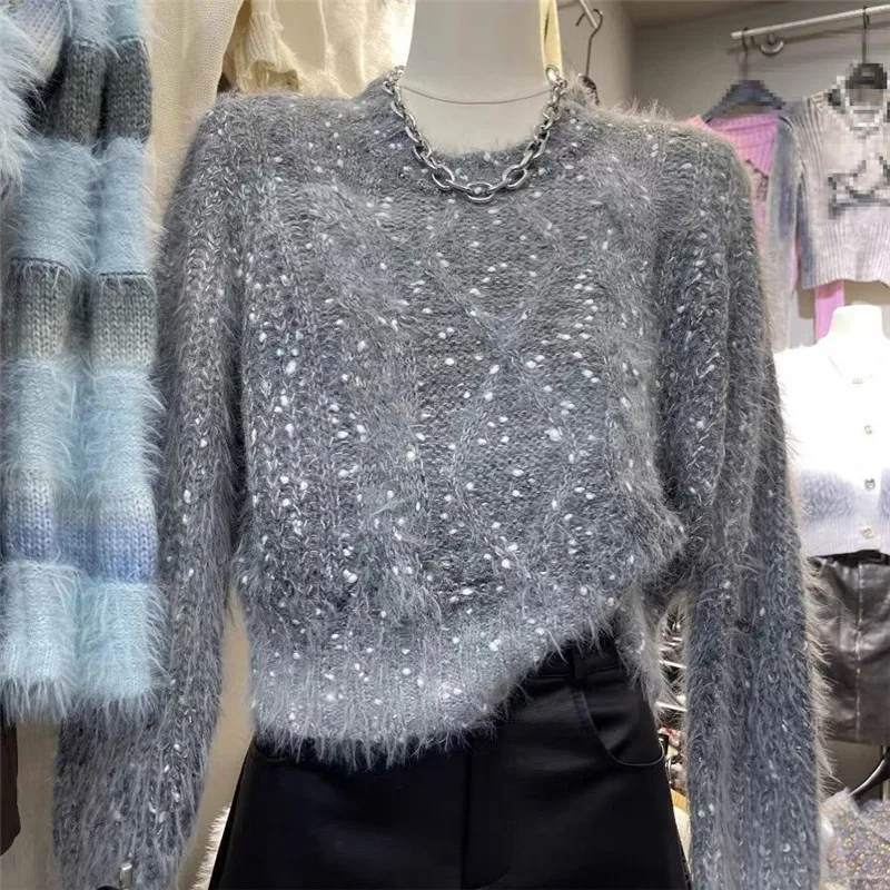 

Spring Autumn Gradient Mohair Sweater Women Sweet Soft Wool Cashmere Twist Short Knitted Pullover Jumper Knitwear All Match H550