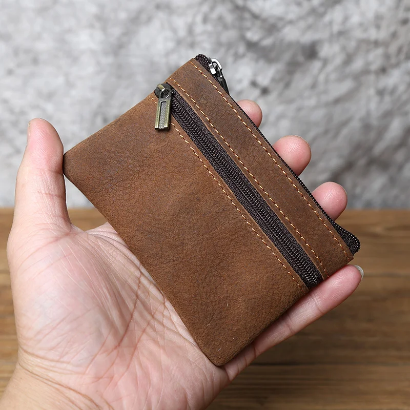 Men's Leather Card Bag Retro Head Layer Cowhide Coin Purse Female Handmade Zipper Wallet Key Bag Driving License Bag