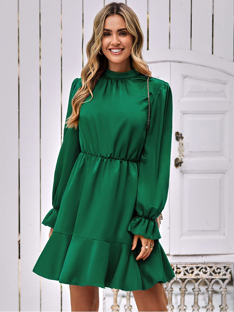 

Luxury Solid Color Women's A-line Loose Dresses Vintage Mock Necked Long Lantern Sleeve Dress Classic Elastic High Waist Vestido