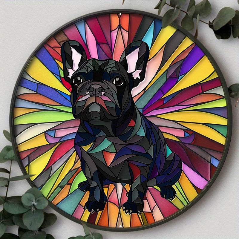 Okrągły aluminiowy metalowy znak tabliczka wieniec z płaskim wzorem psa 2D do dekoracji wnętrz zabawny wystrój jako prezenty dekoracja ścienna