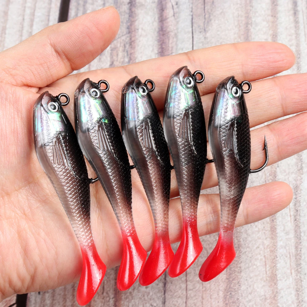 

5pcs/box Pike Soft Swimbait 3D Eyes T Tail Bass Fishing Lures Artificial Lures Internally Weighted Fishing Baits Accessories