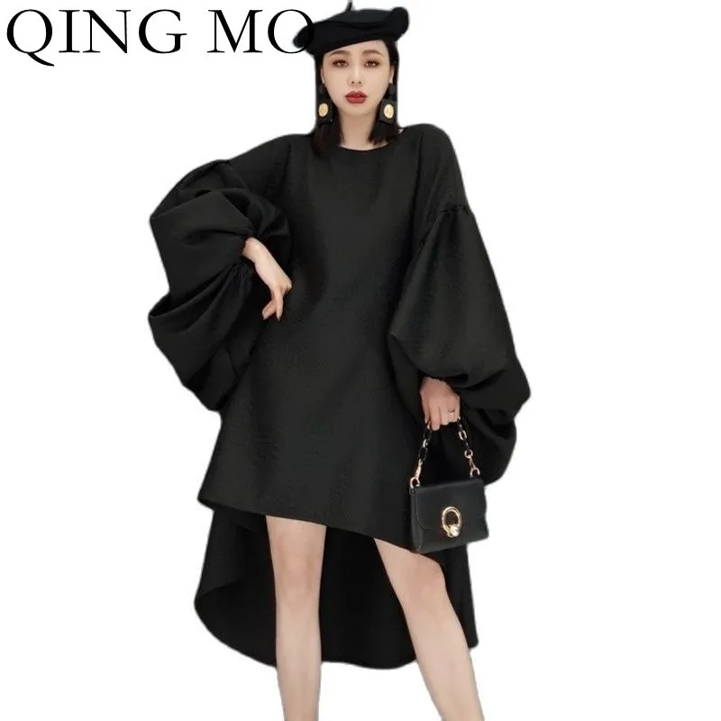 

QING MO 2022 Spring New Round Neck Bat-shaped Dress Womne Fashion Solid Color Loose Large Size Pullover Dress Black ZWL2297