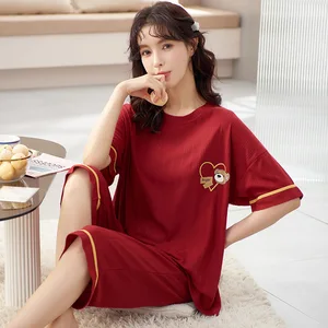 Корейская модная одежда для сна, Женская Хлопковая пижама, Женская хлопковая одежда для сна, брюки до щиколотки с коротким рукавом, женская одежда для отдыха