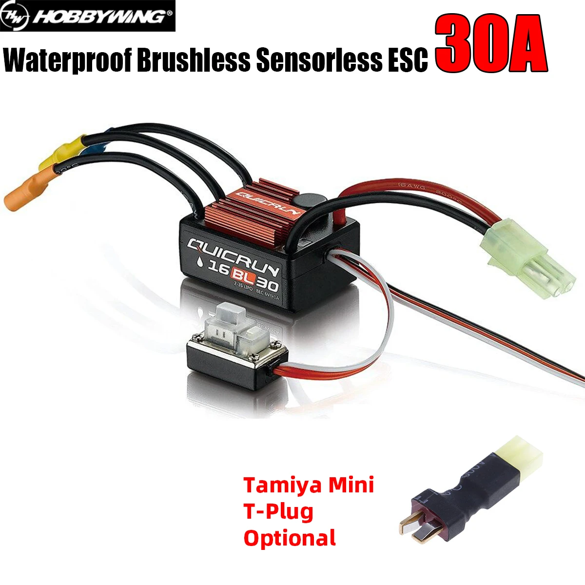 

HobbyWing QuicRun 30A Waterproof and Brushless ESC WP-16BL30 with LED Program Box for 1/16 1/18 RC Car Tamiya T Plug Optional