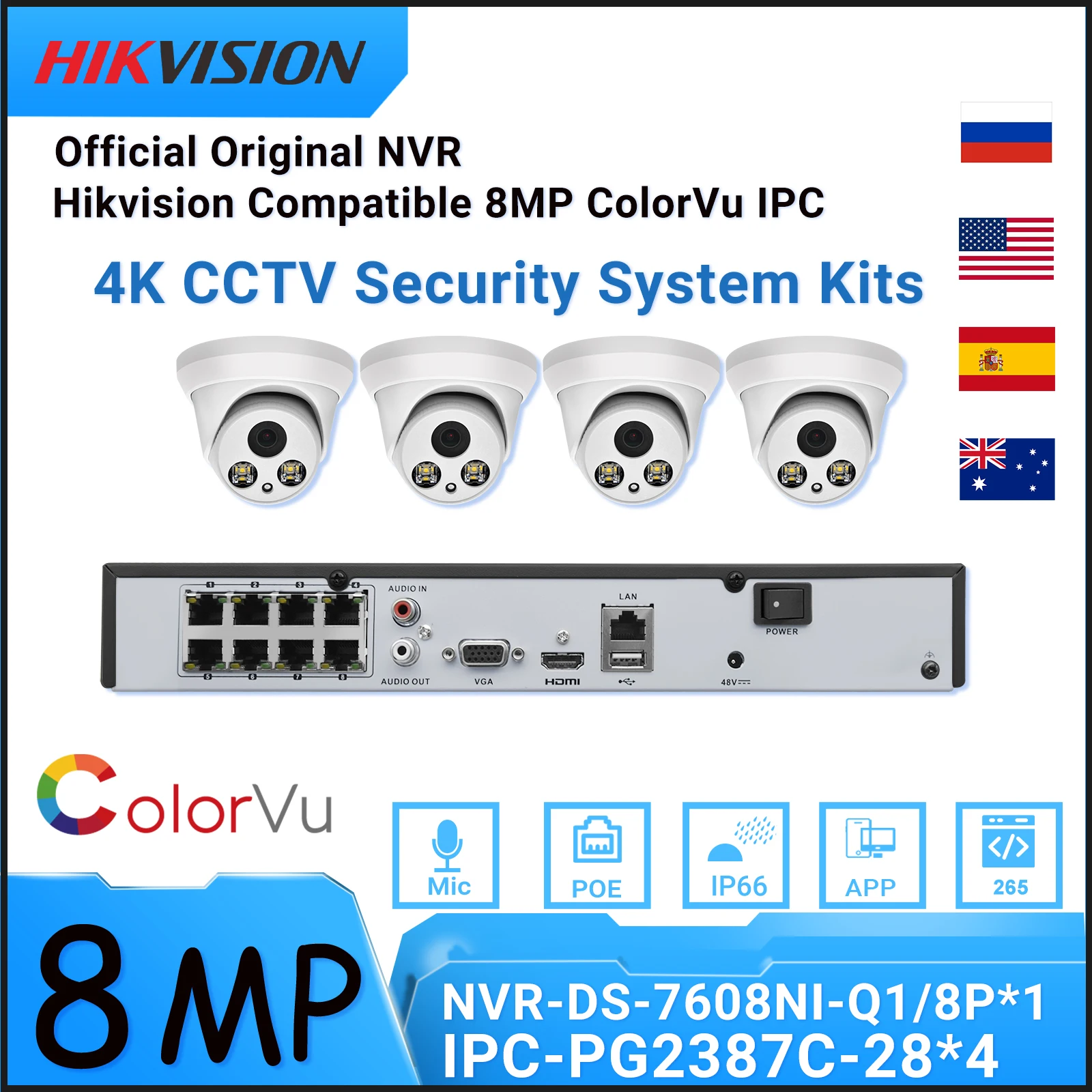 

Hikvision Compatible Kit DS-7608NI-Q1/8P 8POE NVR With 4K Full-color IP Camera POE Built-in MIC 4PCS Security Protection 4K CCTV